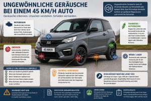 Infografik zu ungewöhnlichen Geräuschen bei einem 45 km/h Auto, mit möglichen Ursachen an Bremsen, Antrieb, Motorraum, Fahrwerk und Rädern.